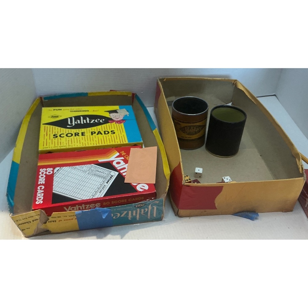 Lowe‎ Vintage Yahtzee Game Parts Lot Dice Cups Score Pads 1956 1970s Retro